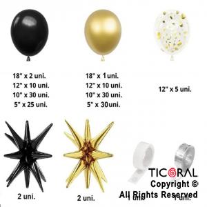 SET DE GLOBOS ARCO XL NEGRO Y ORO LA707 145 UNIDADES